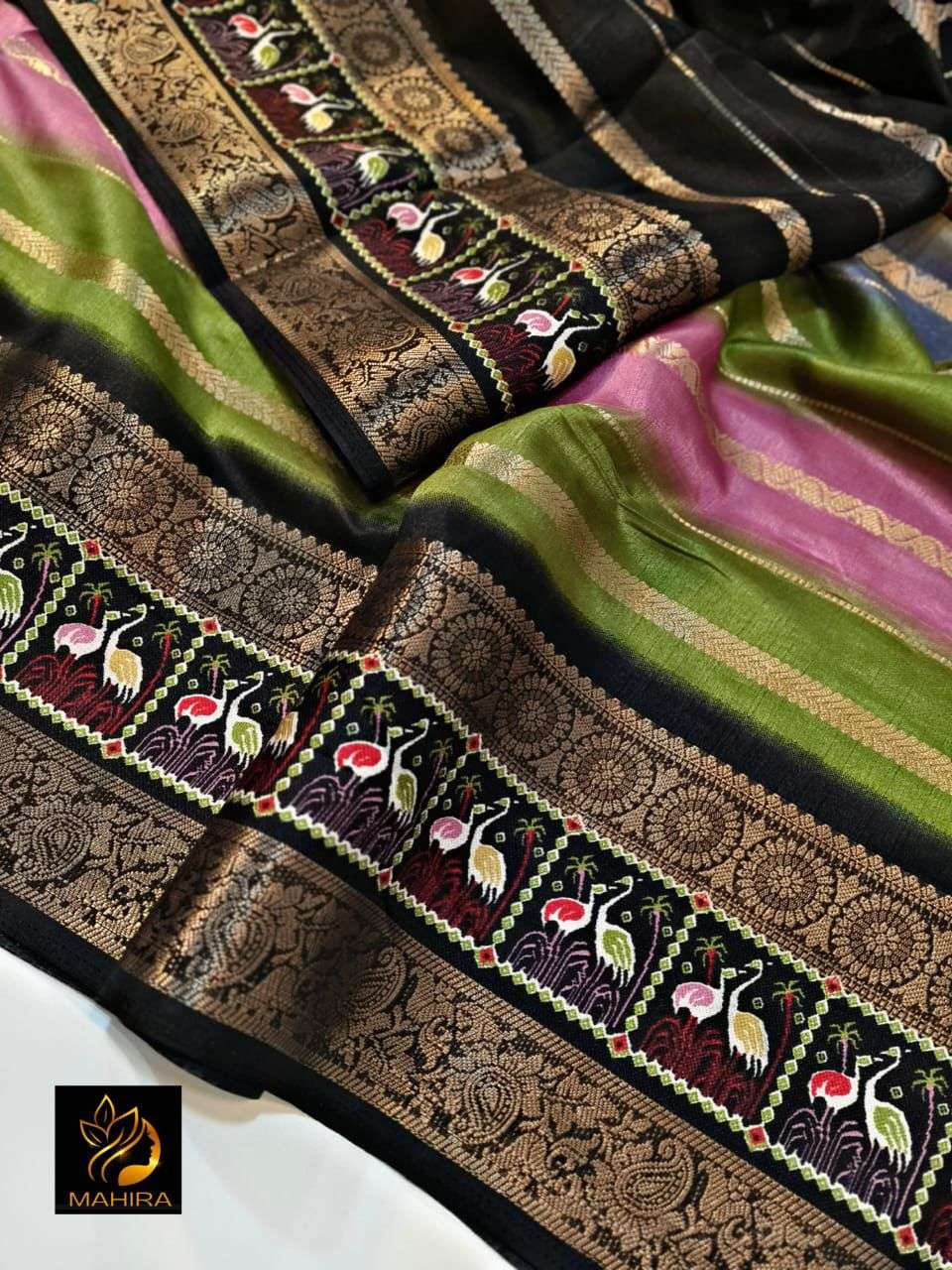 Beautiful and soft dola silk fabric with multicolored design on saree wholesale in surat rimi